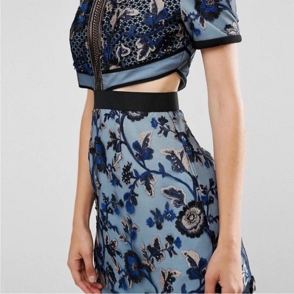 SELF PORTRAIT Florence Dress Womens 4 Blue Floral Embroider Mini Cut Out Party